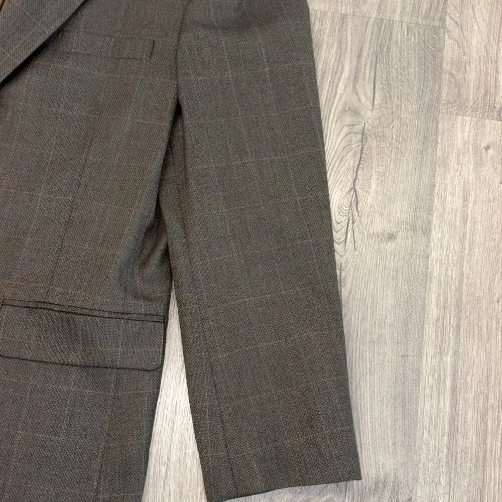 Haggar Mens Sport Coat Blazer 2 Button Brown Plaid Windowpane Jacket Size 46L